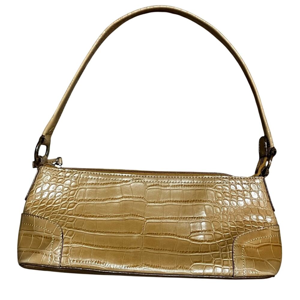 Tommy Hilfiger Croc Embossed Shoulder Bag Tan Y2K Gold Hardware Purse Chic